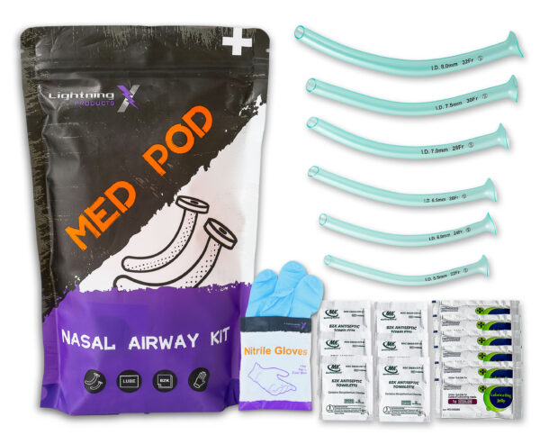 lightning x Nasopharyngeal nasal airway kit npa w/ 6 sizes 22FR, 24FR, 26FR, 28FR, 30FR, 32FR w/ 6 BZK cleansing wipes, 6 packs of lubricating lube jelly and a pair of nitrile exam gloves all in resealable zippered first aid med pod bag