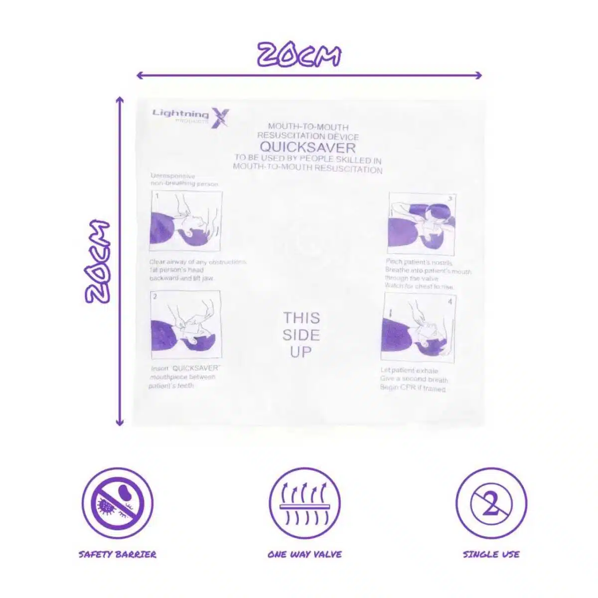 Close-up view CPR face shield with dimensions and important features