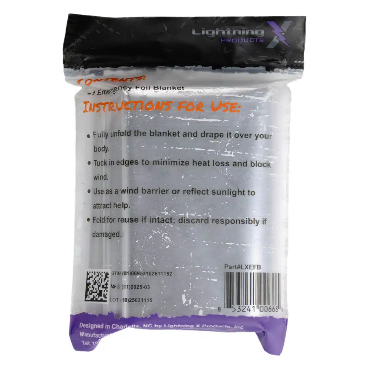 Rear view of packaged emergency foil blanket
