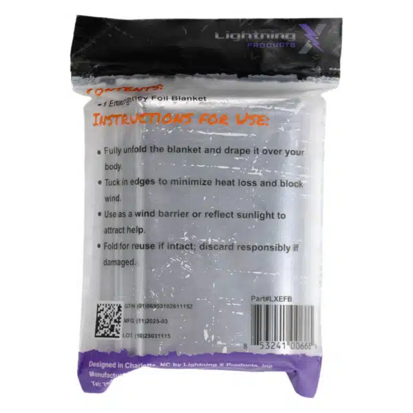 Rear view of packaged emergency foil blanket