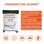 Front view of packaged emergency foil blanket with text boxes and graphics highlighting important features.