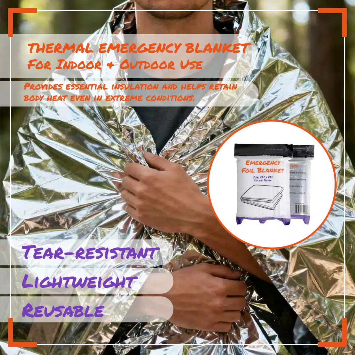AI-generated image of a man holding an emergency foil blanket around his shoulders, overlayed with callouts highlighting important features.