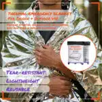 AI-generated image of a man holding an emergency foil blanket around his shoulders, overlayed with callouts highlighting important features.