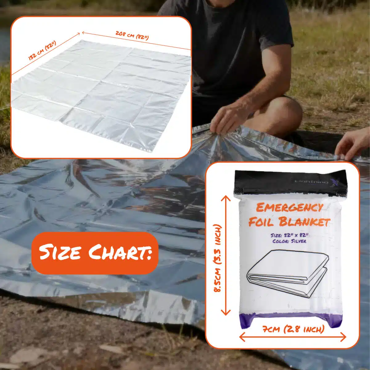 AI-generated images of packaged and unpackaged emergency foil blanket with two people unfolding a foil blanket in the background