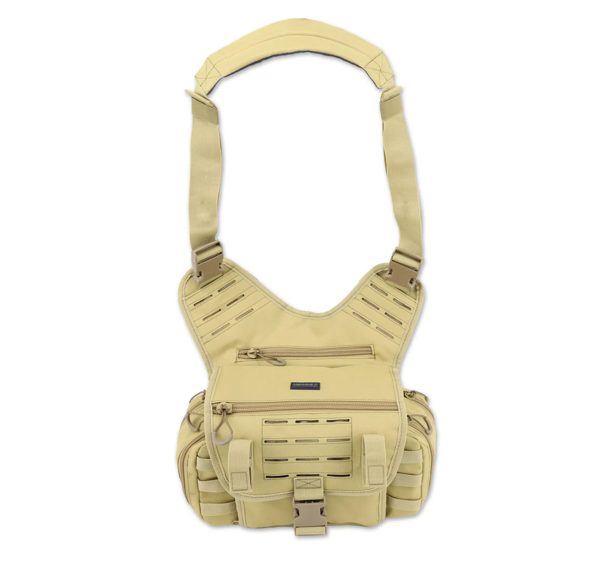 Tan sling medical pack with padded shoulder strap and laser-cut MOLLE panel