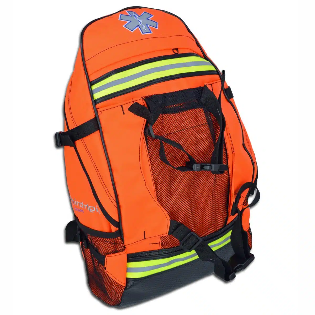 orange backpack-style emt bag with reflective trim and star of life logo