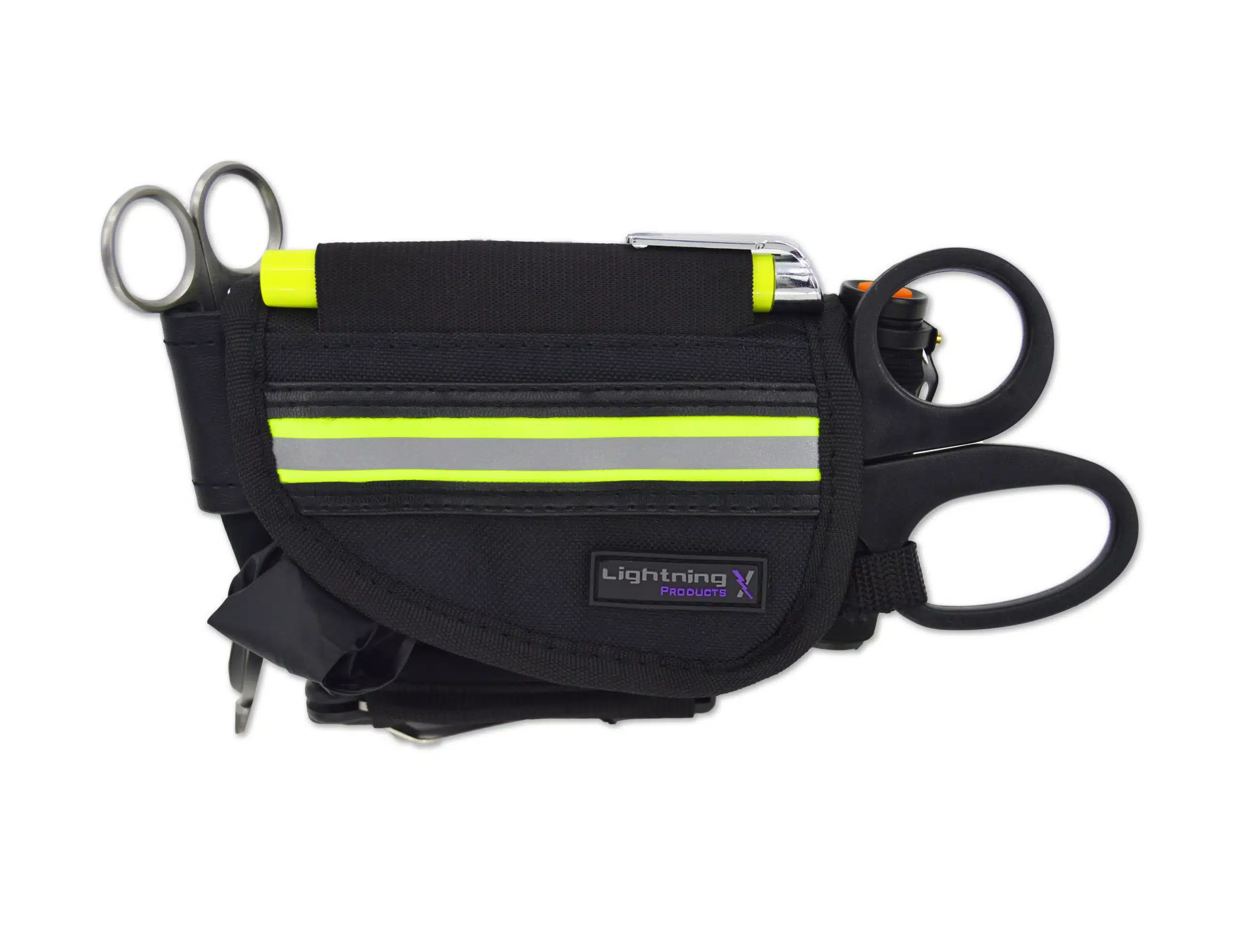 Black EMS holster pouch with fluorescent yellow reflective stripe holding trauma shears