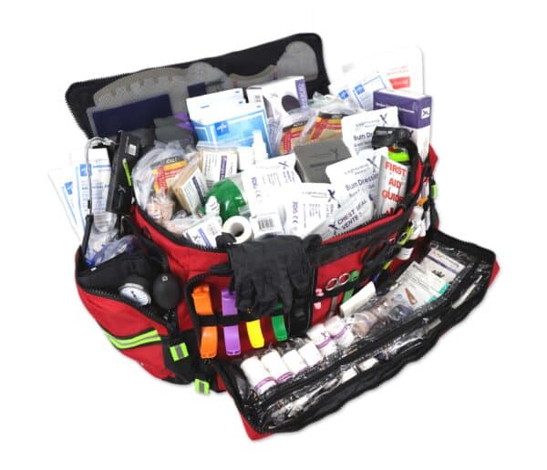 lightning x lxmb50 mb50-skd stocked oxygen trauma duffle professional ems emt first responder medic kit includes o2 cylinder, regulator and over 200 supplies. Available in red, blue and orange