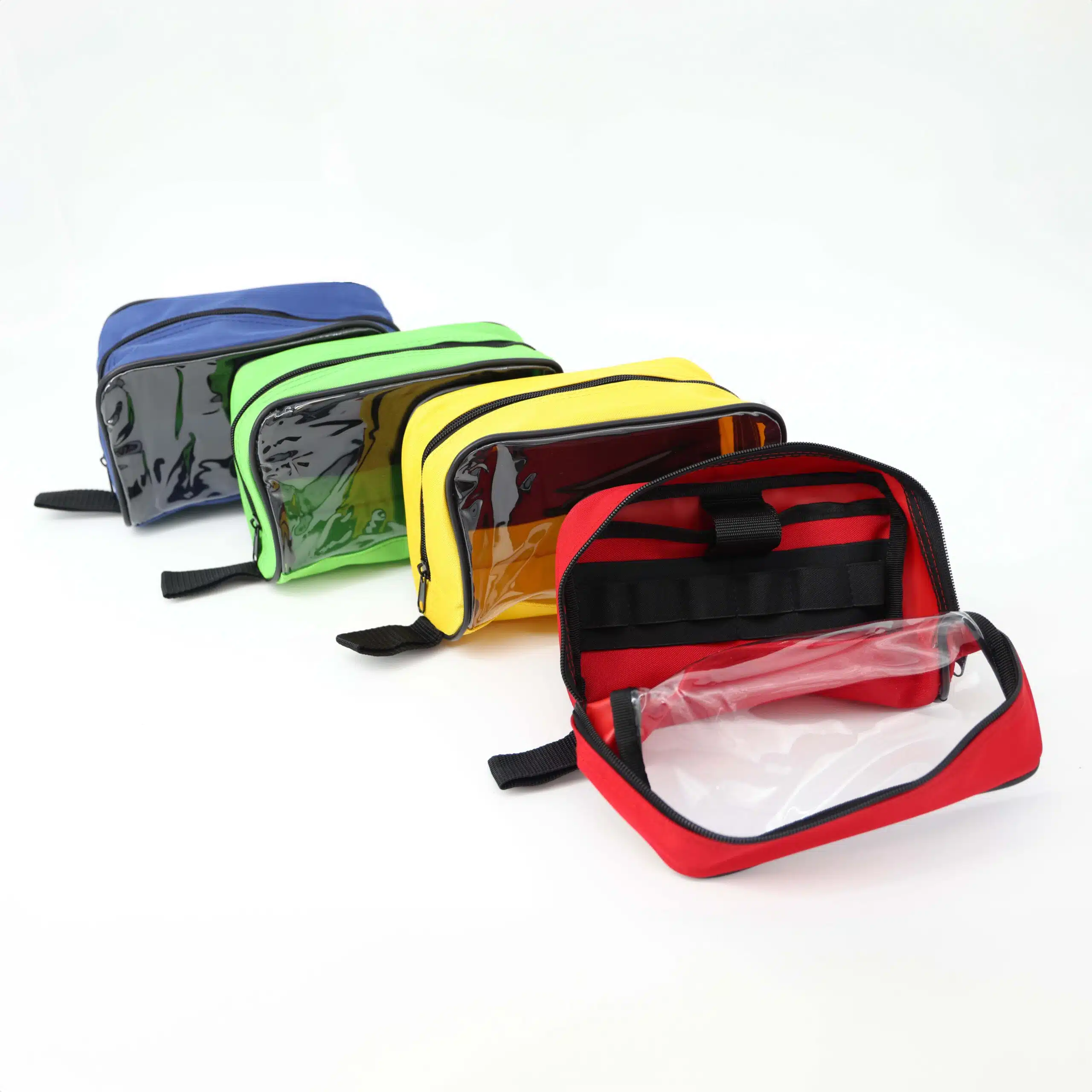Four zipper pouches (blue, green, yellow, red) arranged in a staggered line with front red pouch unzipped.