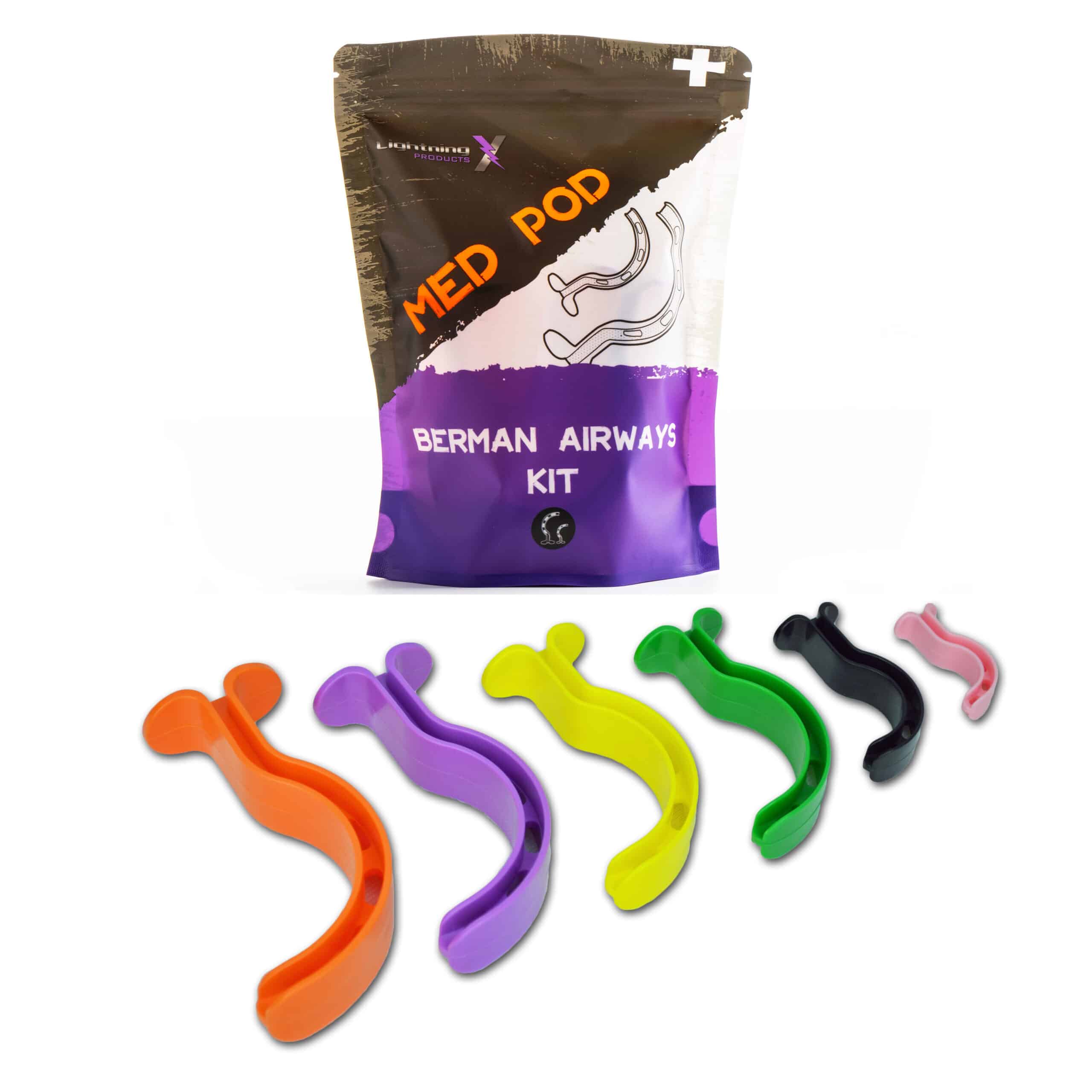 LXOPA6_Collage berman oral airway set, emergency airway management, dual channel oral airway, color-coded airway kit, latex-free oral airways, EMS airway supplies, first responder airway kit, medical airway adjuncts, OPA airway set.