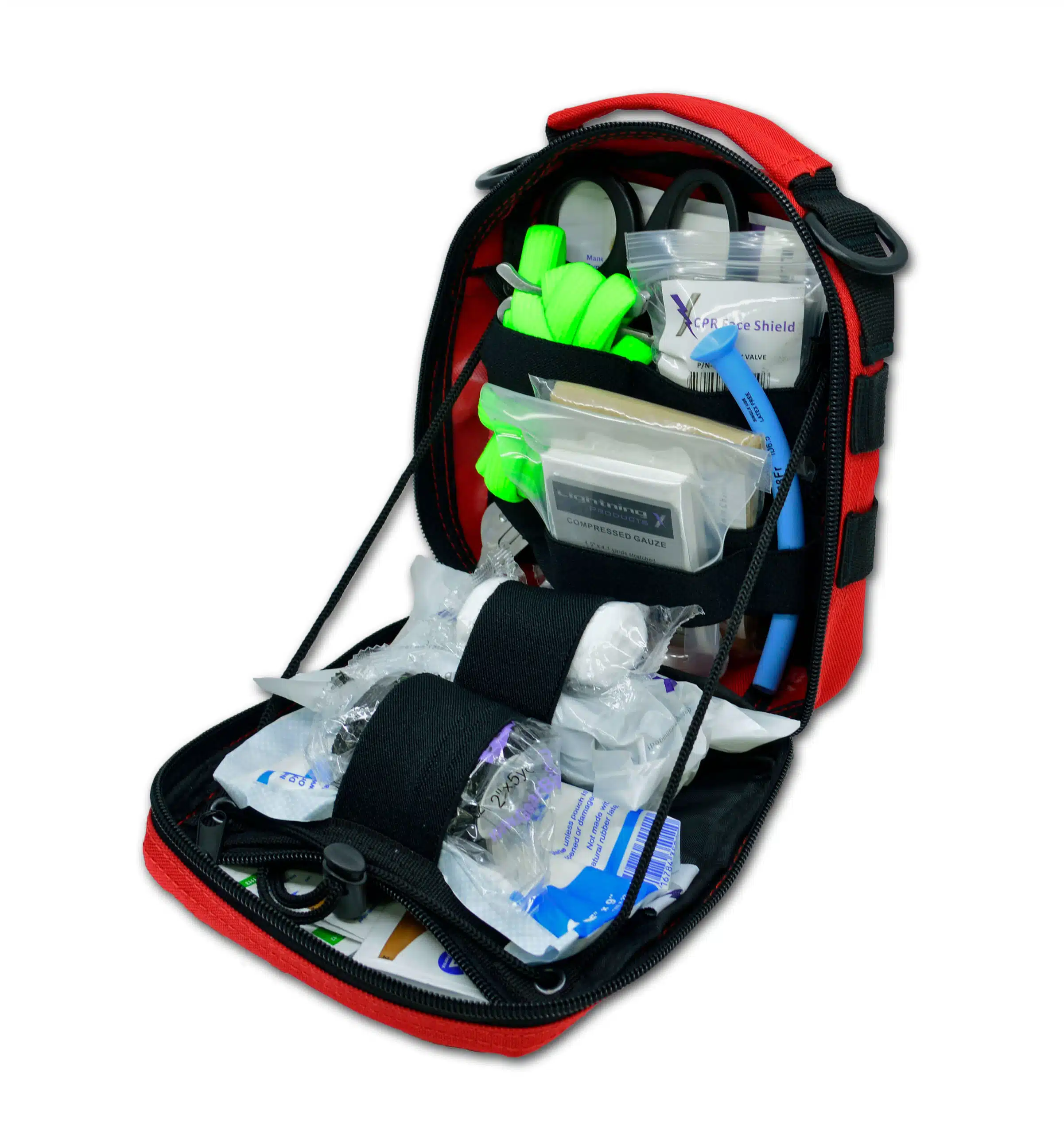Red first aid pouch opened and stocked with CPR shield, gauze and supplies
