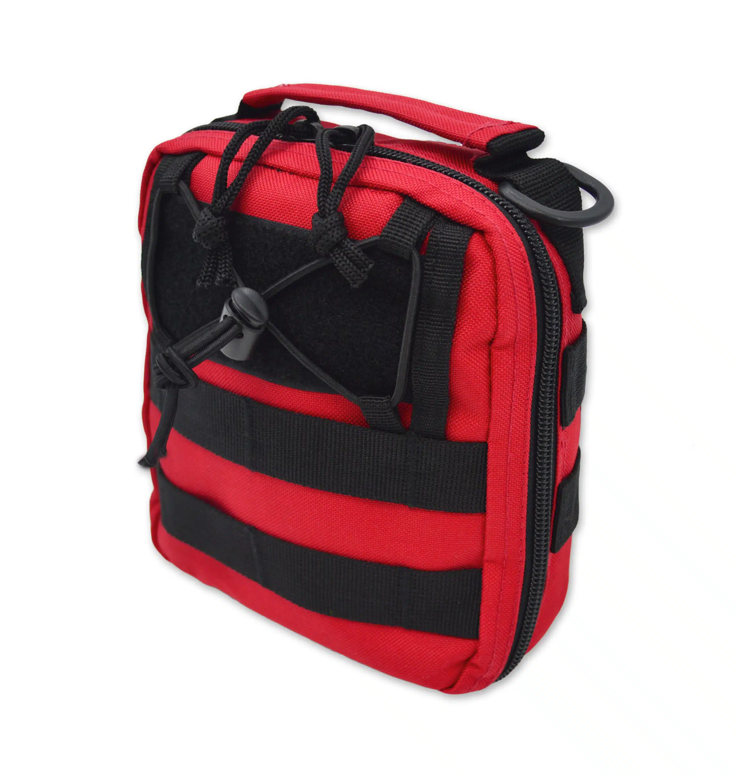 Red and black MOLLE first aid pouch with carry handle and elastic cord closure