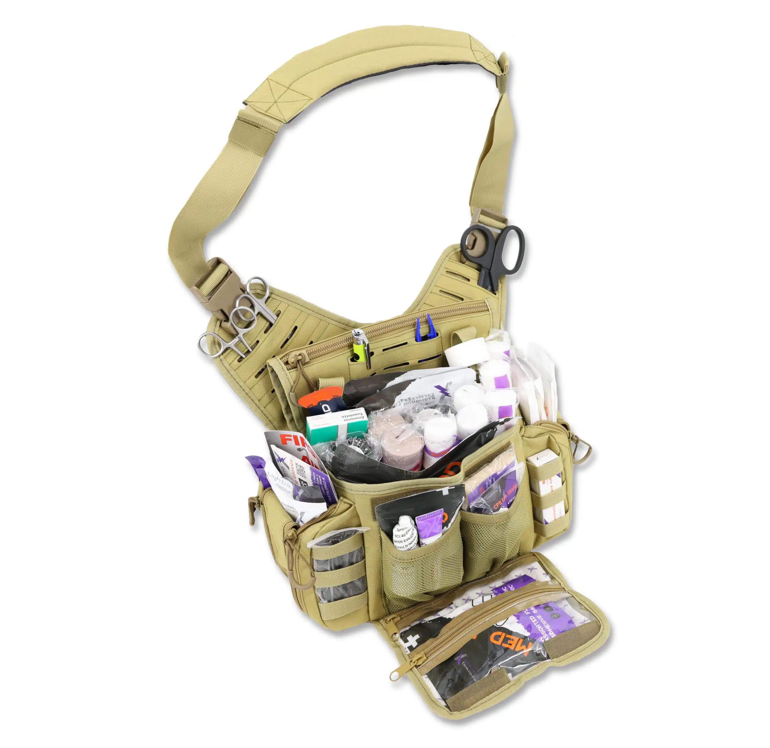 Tactical medsling sling pack pre stocked first aid responder tacmed shoulder messenger bag tan