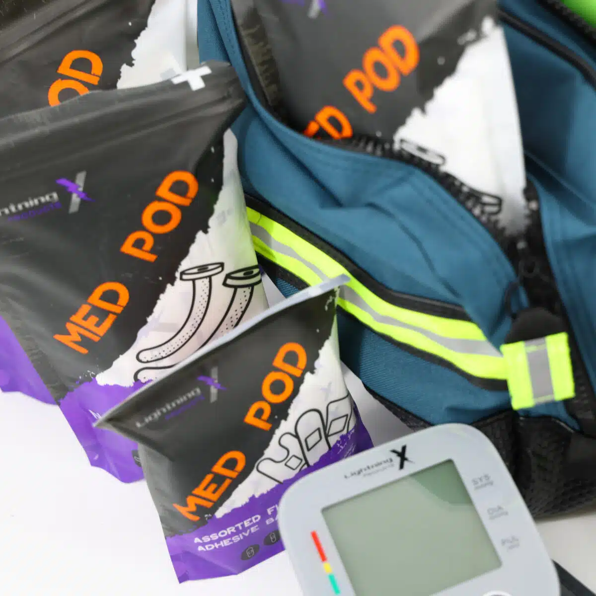 lightning x mb35-skf modular intermediate pre stocked first responder emt trauma first aid bag with advanced fill kit red, blue, orange or black - includes electronic digital blood pressure monitor and cardiology stethoscope