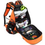 orange backpack-style emt kit stocked with medical supplies, opened
