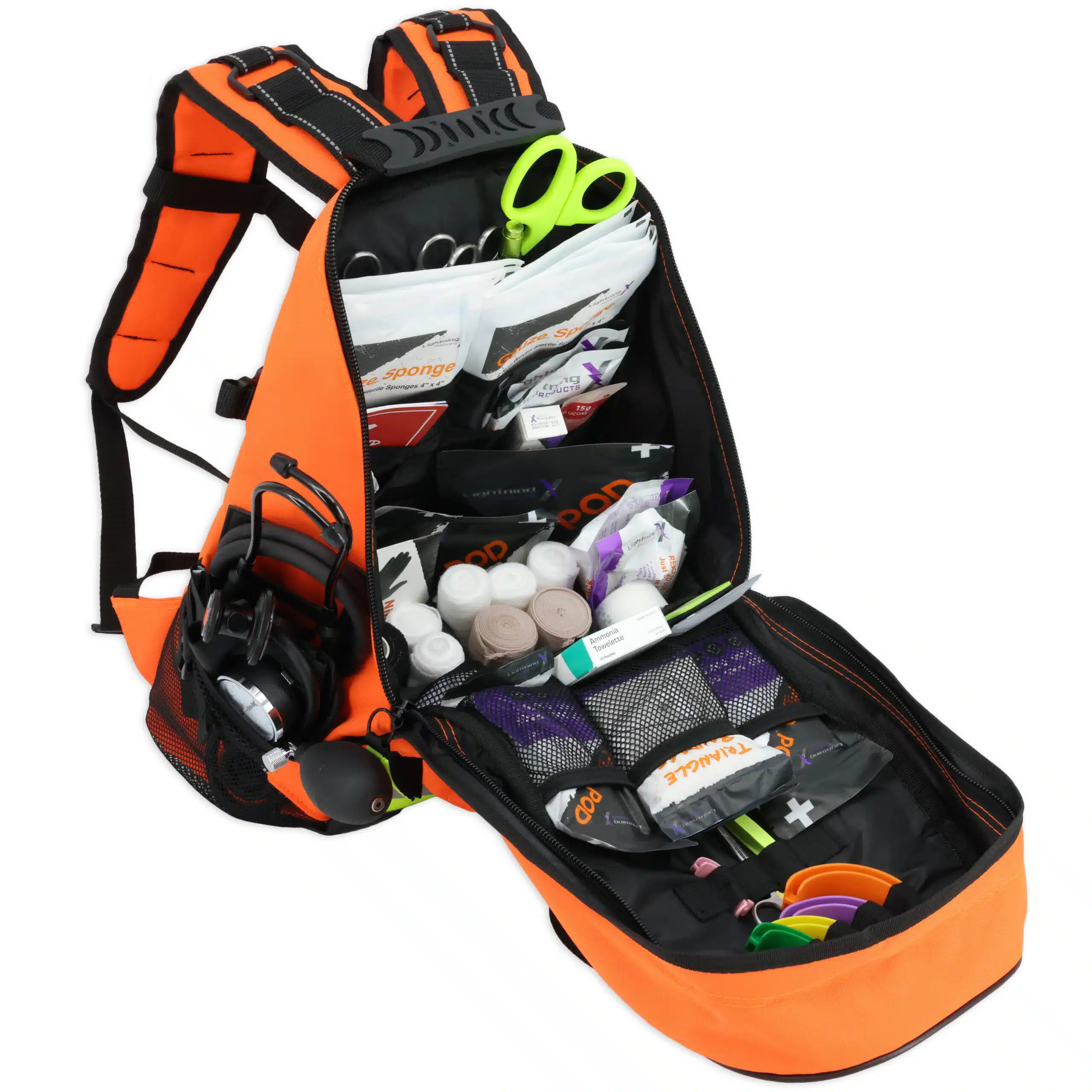 Orange backpack-style emt kit stocked with medical supplies, opened
