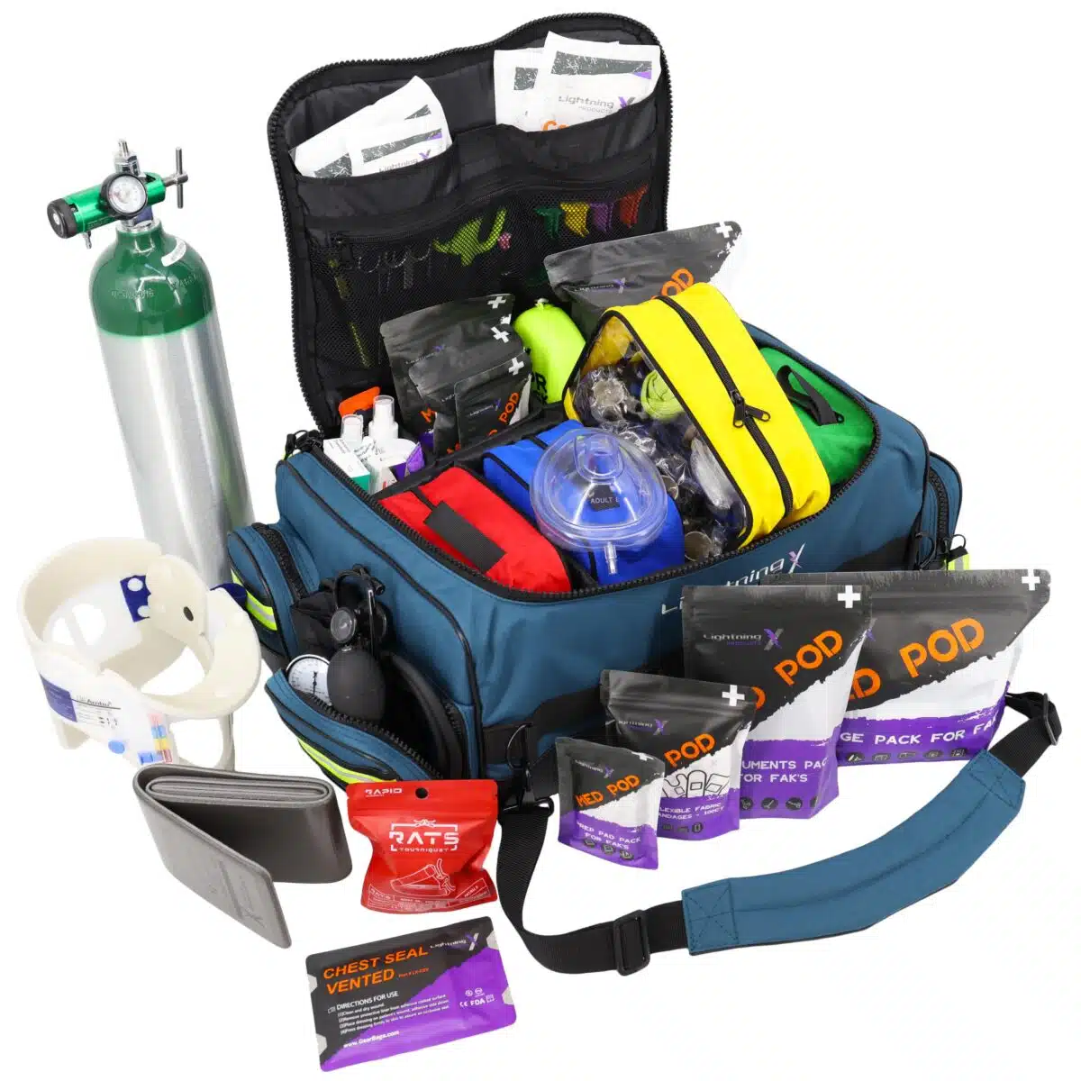 Lightning X MB65-SKD LXMB65 Modular EMS ALS bag with padded compartments, color-coded pouches, oxygen cylinder access, pre filled stocked with first aid kit including tools, gauze, bandages, CPR gear, and emergency professional EMS EMT medical supplies
