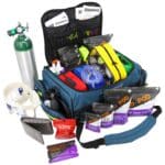 Lightning X MB65-SKD LXMB65 Modular EMS ALS bag with padded compartments, color-coded pouches, oxygen cylinder access, pre filled stocked with first aid kit including tools, gauze, bandages, CPR gear, and emergency professional EMS EMT medical supplies