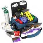 Lightning X MB65-SKD LXMB65 Modular EMS ALS bag with padded compartments, color-coded pouches, oxygen cylinder access, pre filled stocked with first aid kit including tools, gauze, bandages, CPR gear, and emergency professional EMS EMT medical supplies
