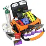 Lightning X MB65-SKD LXMB65 Modular EMS ALS bag with padded compartments, color-coded pouches, oxygen cylinder access, pre filled stocked with first aid kit including tools, gauze, bandages, CPR gear, and emergency professional EMS EMT medical supplies