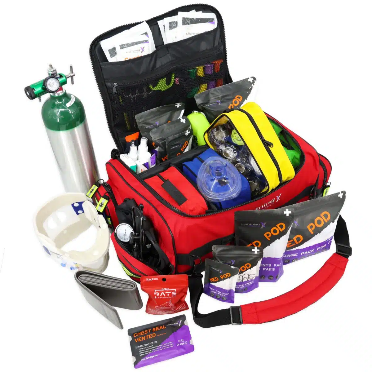 Lightning X MB65-SKD LXMB65 Modular EMS ALS bag with padded compartments, color-coded pouches, oxygen cylinder access, pre filled stocked with first aid kit including tools, gauze, bandages, CPR gear, and emergency professional EMS EMT medical supplies