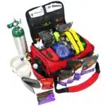 Lightning X MB65-SKD LXMB65 Modular EMS ALS bag with padded compartments, color-coded pouches, oxygen cylinder access, pre filled stocked with first aid kit including tools, gauze, bandages, CPR gear, and emergency professional EMS EMT medical supplies