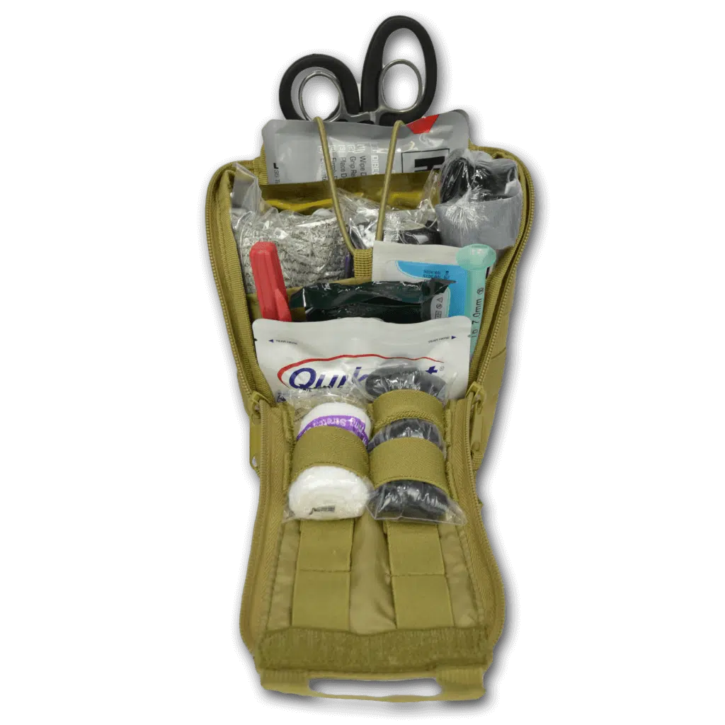 Tan MOLLE trauma pouch opened and stocked with QuikClot and medical supplies