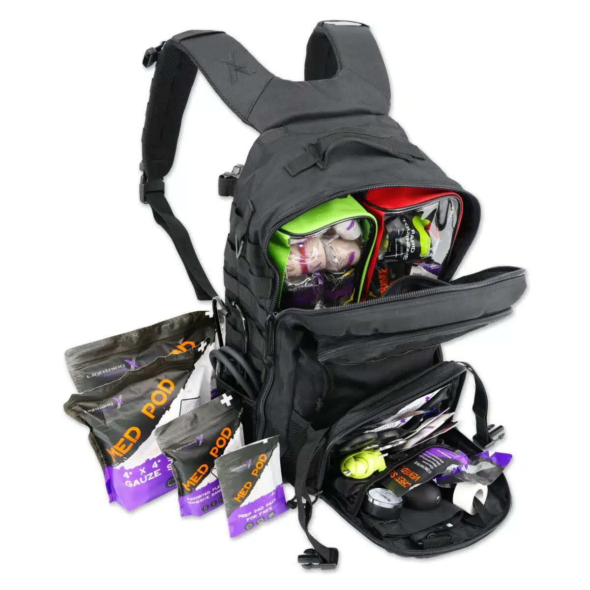 lightning x tacmed fully stocked prefilled tactical medical backpack with first aid trauma supplies mb45-skm lxmb45 including tourniquet stop the bleed bandages cpr stethoscope bp cuff israeli bandage and more for bleeding control