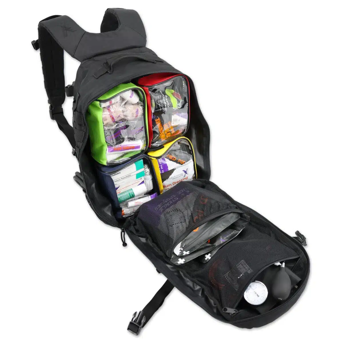 lightning x tacmed fully stocked prefilled tactical medical backpack with first aid trauma supplies mb45-skm lxmb45 including tourniquet stop the bleed bandages cpr stethoscope bp cuff israeli bandage and more for bleeding control