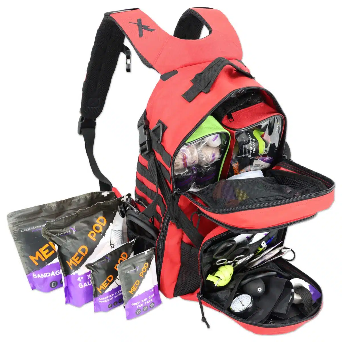 lightning x tacmed fully stocked prefilled tactical medical backpack with first aid trauma supplies mb45-skm lxmb45 including tourniquet stop the bleed bandages cpr stethoscope bp cuff israeli bandage and more for bleeding control red