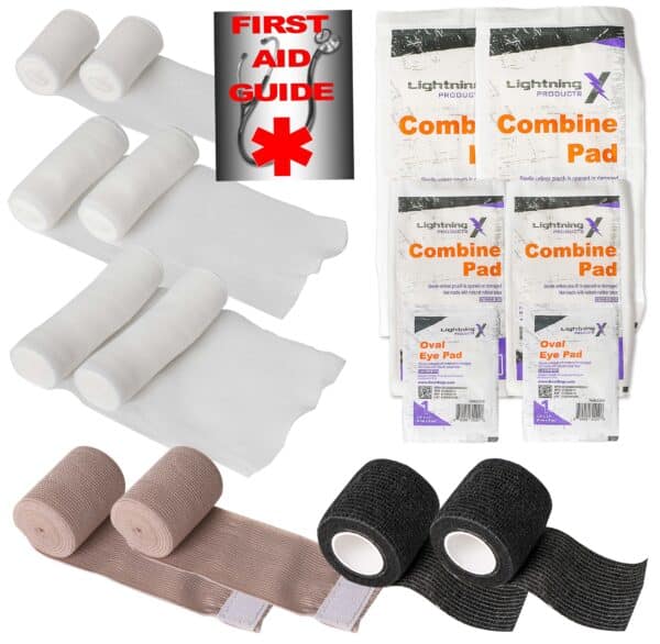lightning x bandage refill kit for first aid includes 2", 3", 4" conforming stretch rolled gauze, elastic ace bandage, self-adherent coban cling wrap, 5" x 9", 8" x 10" abd combine pad, eye pads & first aid guide booklet