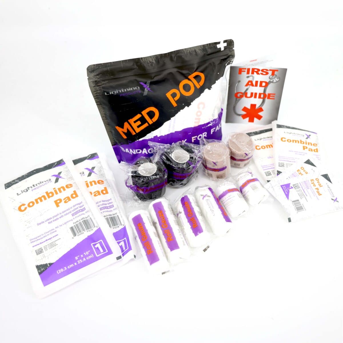 lightning x bandage refill kit for first aid includes 2", 3", 4" conforming stretch rolled gauze, elastic ace bandage, self-adherent coban cling wrap, 5" x 9", 8" x 10" abd combine pad, eye pads & first aid guide booklet