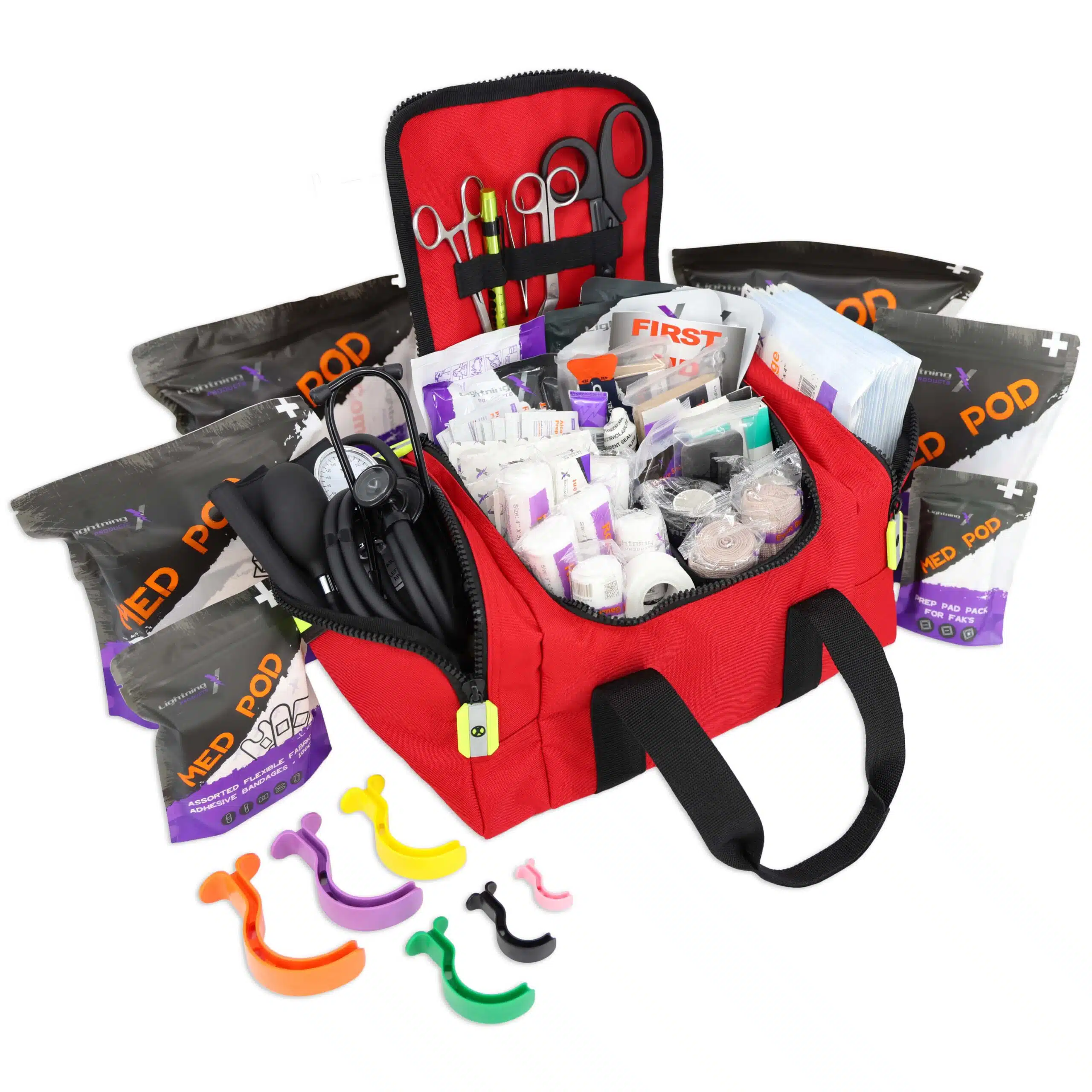 Open red first-aid bag with stethoscope and supplies, Med Pod packs and colored airways laid out