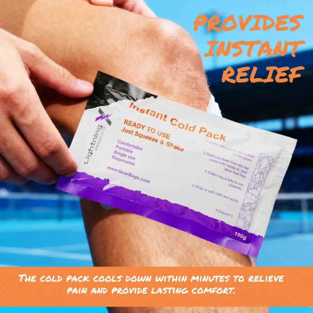 AI-generated close-up image of a man on a tennis court holding instant ice pack to his knee