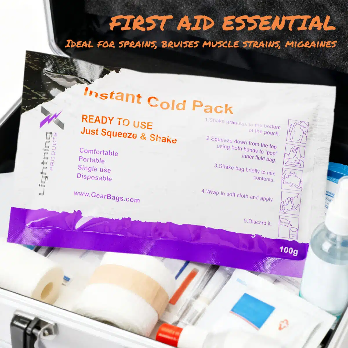 AI-generated image of instant cold pack laying on the contents of a stocked first aid kit.