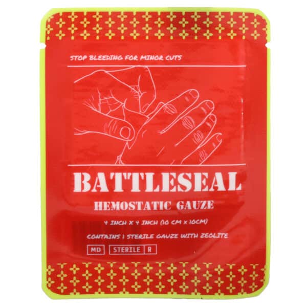 Red and yellow vacuum sealed package of BattleSeal hemostatic gauze