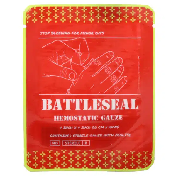 Red and yellow vacuum sealed package of BattleSeal hemostatic gauze