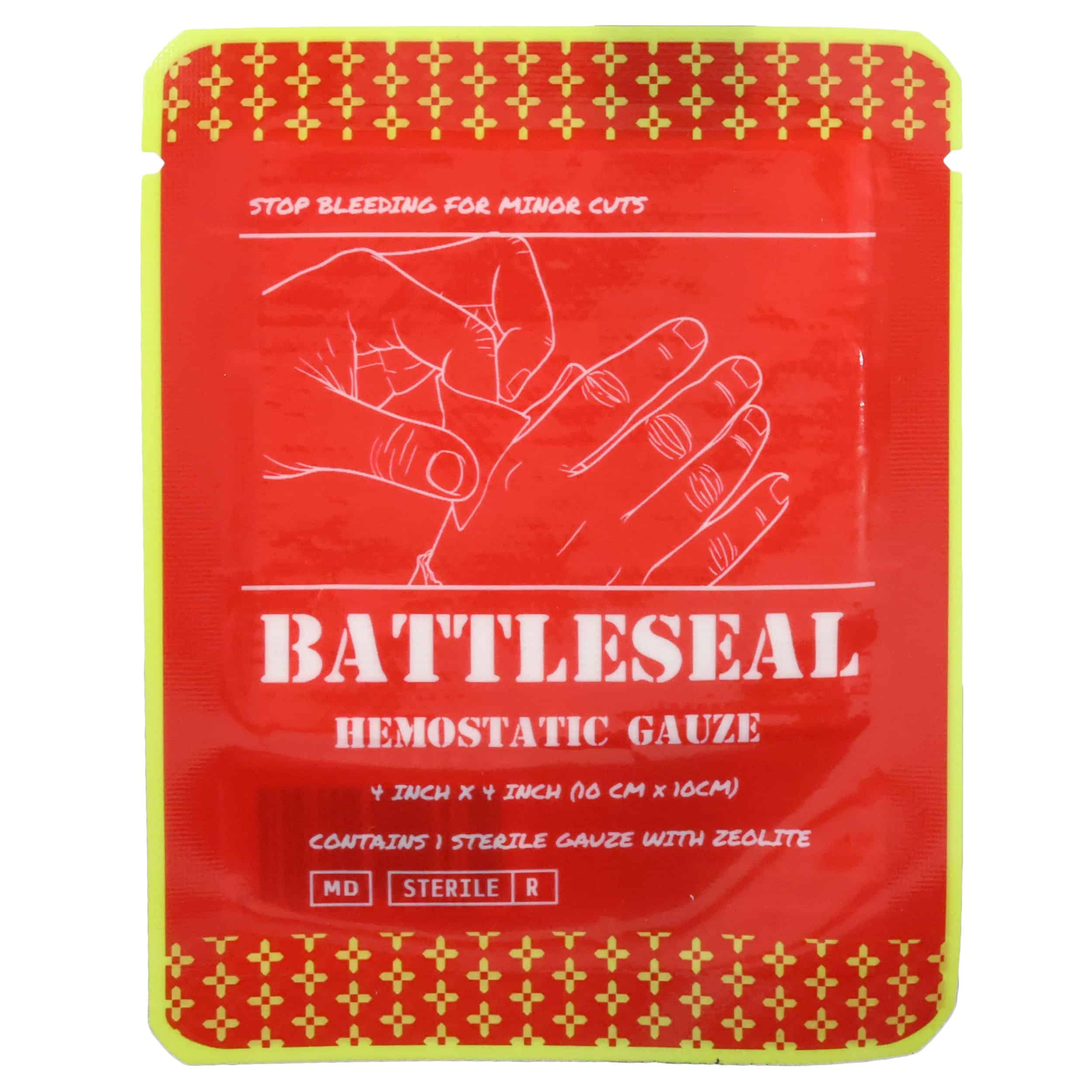 BattleSeal_Hemostatic_Gauze_4x4_Front_Package_2 Red and yellow vacuum sealed package of BattleSeal hemostatic gauze