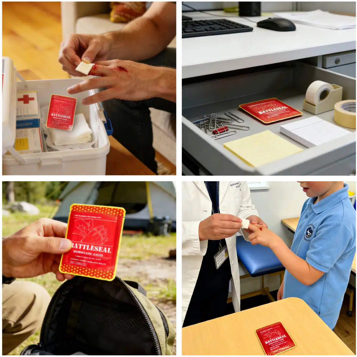 collage of images of hemostatic gauze in the workplace