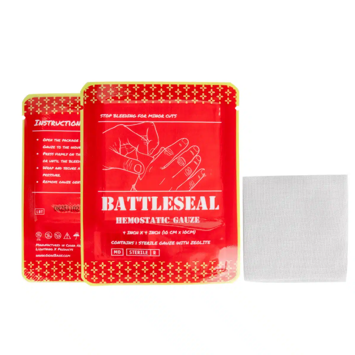 front and rear view of hemostatic gauze with bandage