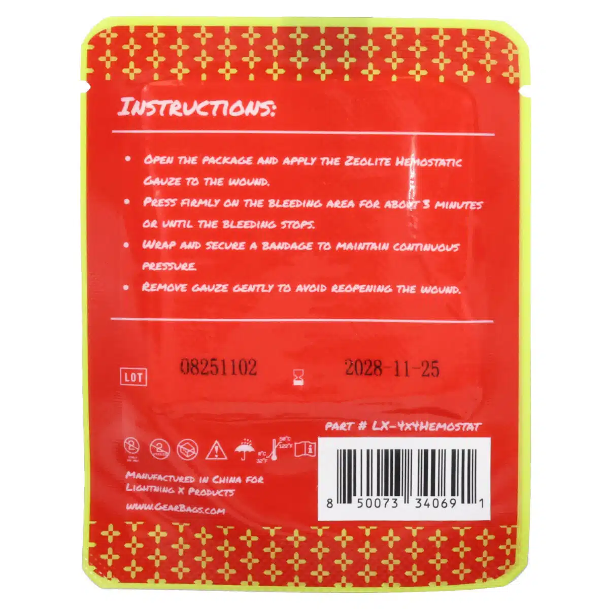 rear view of vacuum sealed package of BattleSeal hemostatic gauze