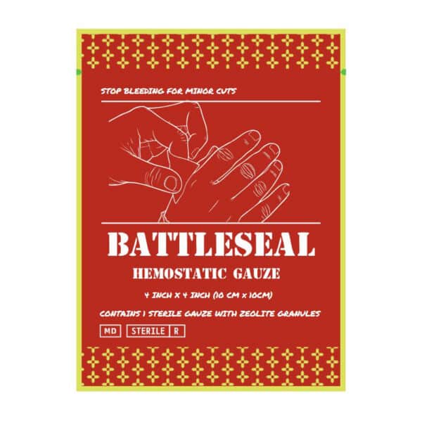 Red package labeled Battleseal 4" x 4" Hemostatic Gauze