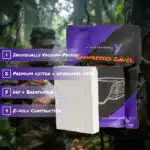 AI-generated image of open krinkle gauze bandage propped against packaged krinkle gauze with callouts highlighting item features. Background shows a soldier applying gauze to their arm in the woods.