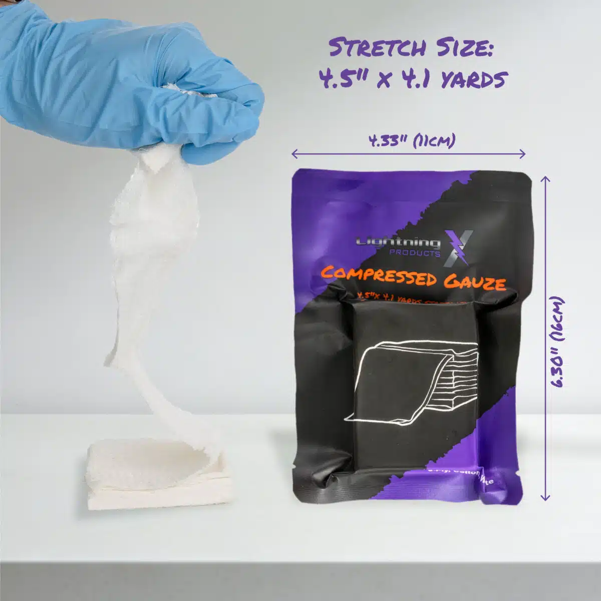 Gloved hand lifts one end of folded krinkle gauze beside packaged gauze with diagram showing package and stretch dimensions