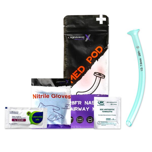 lightning x nasopharyngeal nasal airway npa kit size 28fr trumpet includes nitrile exam gloves, lubricating jelly packet and bzk cleansing wipe, in resealable zippered bed pod bag, great for ifak first aid kits