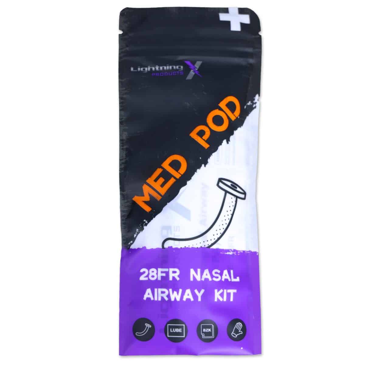 lightning x nasopharyngeal nasal airway npa kit size 28fr trumpet includes nitrile exam gloves, lubricating jelly packet and bzk cleansing wipe, in resealable zippered bed pod bag, great for ifak first aid kits