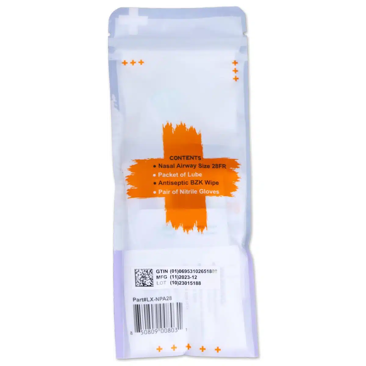 lightning x nasopharyngeal nasal airway npa kit size 28fr trumpet includes nitrile exam gloves, lubricating jelly packet and bzk cleansing wipe, in resealable zippered bed pod bag, great for ifak first aid kits