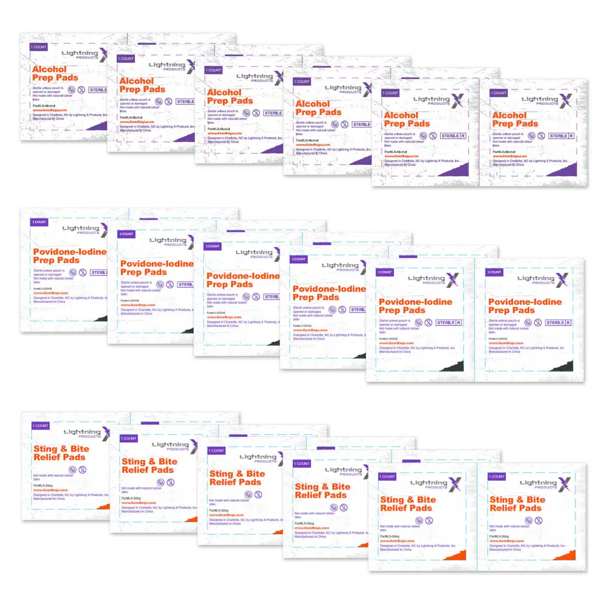 lightning x prep pads refill for first aid kits, includes alcohol wipes, pvp iodine wipes and sting & bite relief pads, 10 each