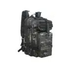 Black multicam tactical MOLLE backpack with laser-cut webbing, front angle view
