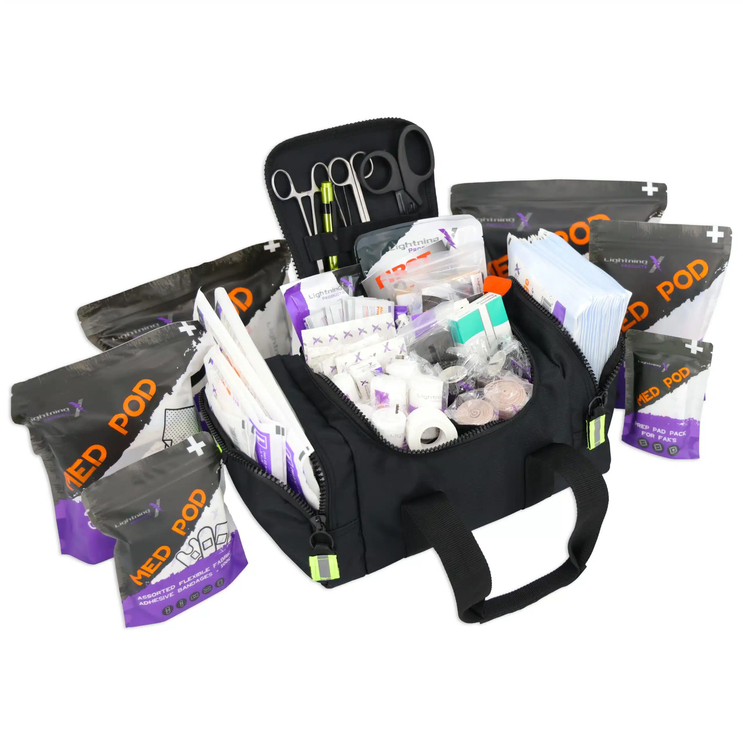 Open black first-aid bag stocked with dressings and supplies, Med Pod packs arranged around it